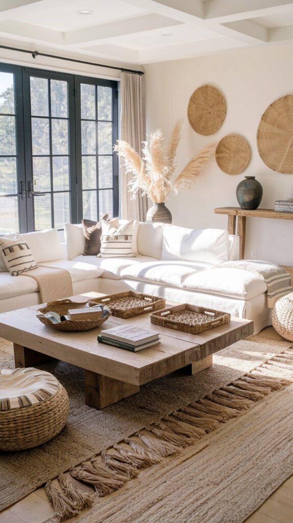 Neutral coastal living room filled with natural light, featuring sheer linen curtains, white sofa, and pale wood accents for an airy seaside feel.