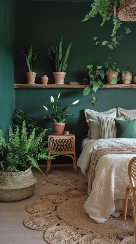 Dark green bedroom with houseplants, rattan furniture, and jute rug for a natural, calming, and earthy atmosphere.