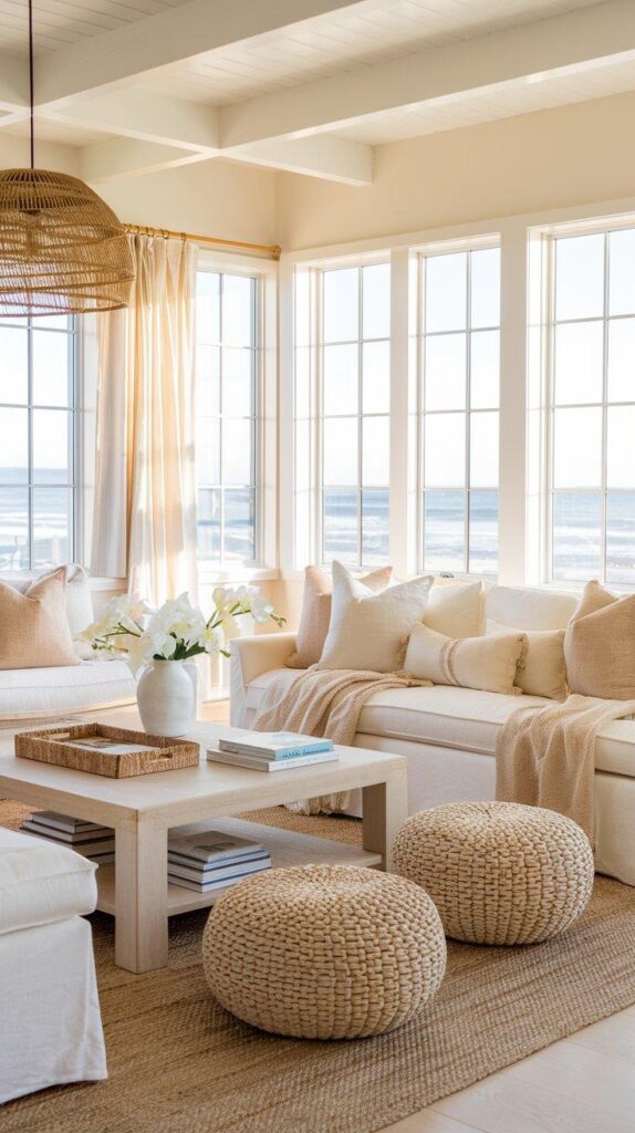 Neutral coastal living room with white sofas, jute rug, and natural light for a soft beach-inspired color palette.
