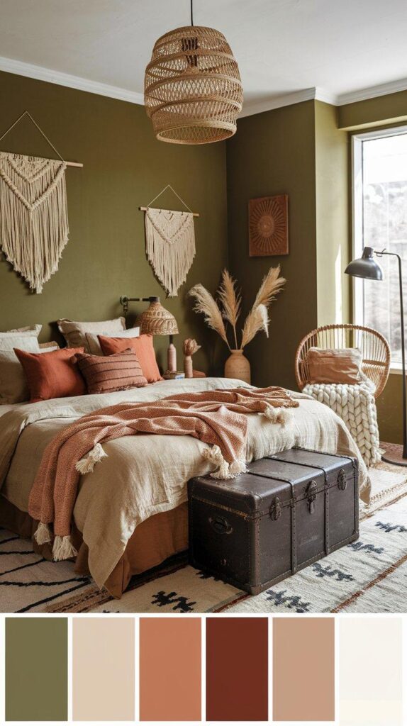 A cozy bohemian bedroom with olive green walls, rattan decor, natural wood furniture, and earthy-toned textiles for a calming, organic retreat.