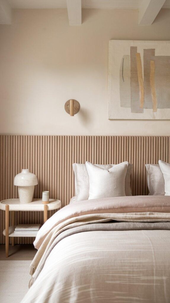 Bedroom with thin reeded oak slat headboard and soft neutral decor for subtle texture upgrade.
