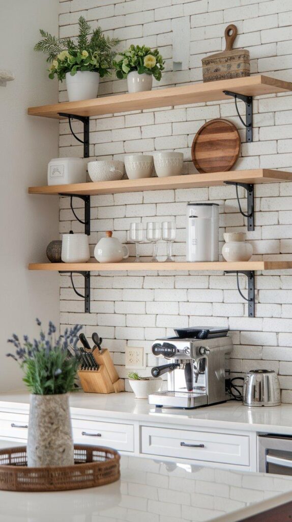 Coffee nook with light shelves, a stainless steel espresso machine, potted greenery, and a white brick backsplash.