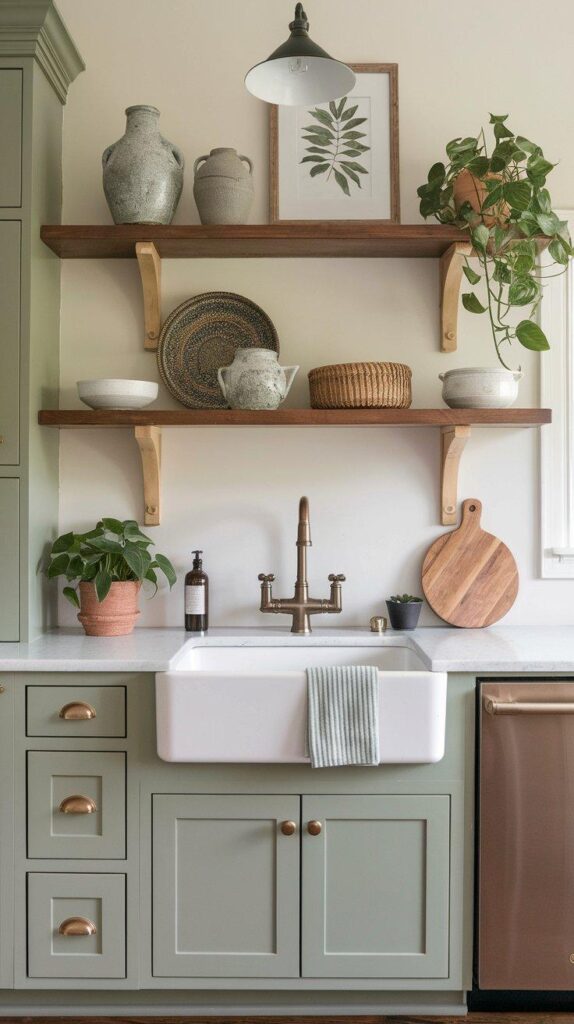 A kitchen shelf with framed botanical prints, vintage signage, and farmhouse-style decor, adding warmth and personality to the space.
