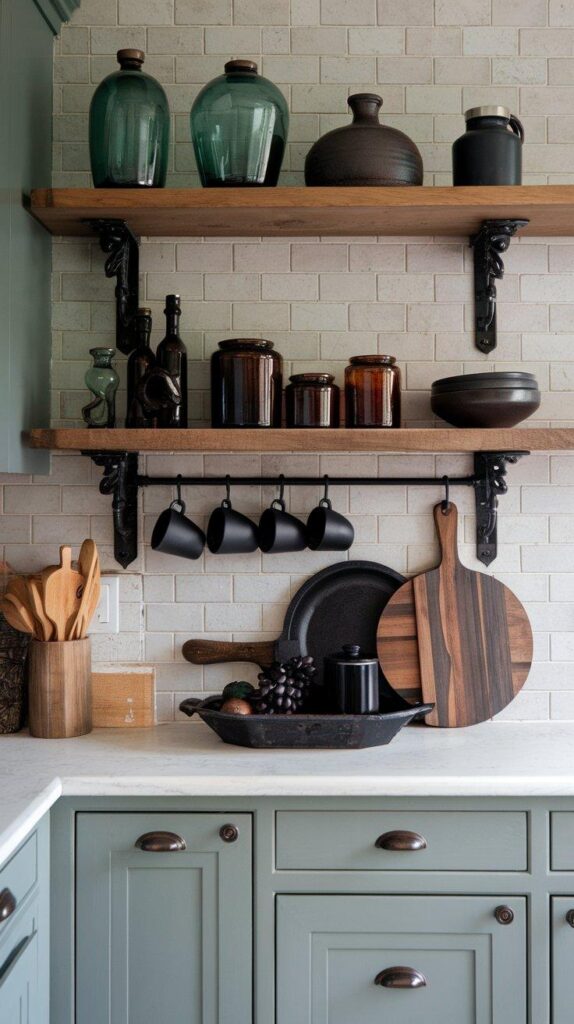 A kitchen shelf with dark accents, featuring black iron brackets, deep green glass, amber jars, and matte black mugs for bold contrast and sophistication.