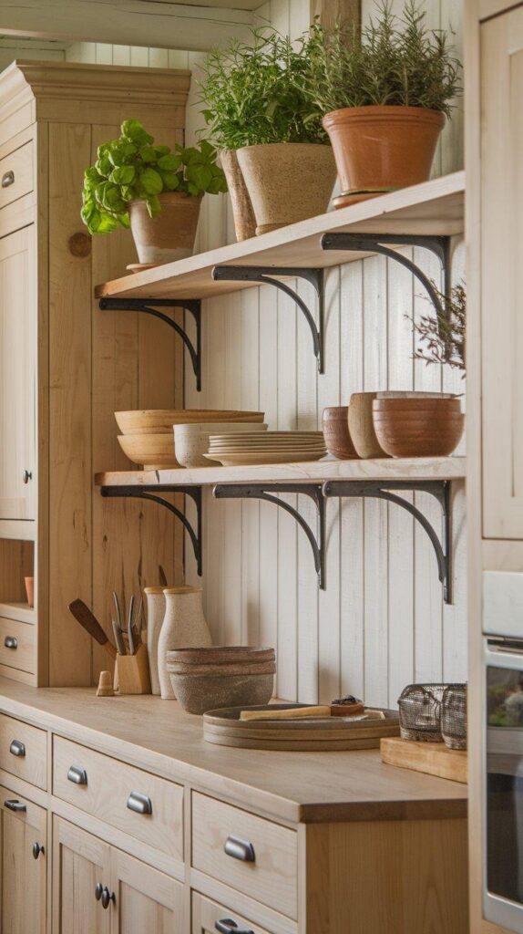 Kitchen shelves with potted herbs, woven baskets, wooden bowls, and dried eucalyptus, creating a warm and natural farmhouse-inspired display.