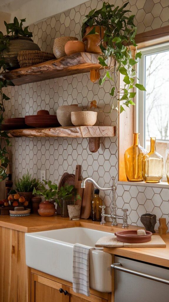 Rustic kitchen with live-edge wooden shelves, earthy ceramics, trailing plants, and a farmhouse sink for a cozy, organic aesthetic.