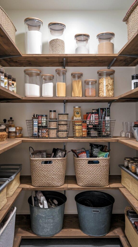 Rustic open pantry shelves with labeled glass jars, wooden crates, and vintage kitchen accents for a stylish and functional farmhouse look.