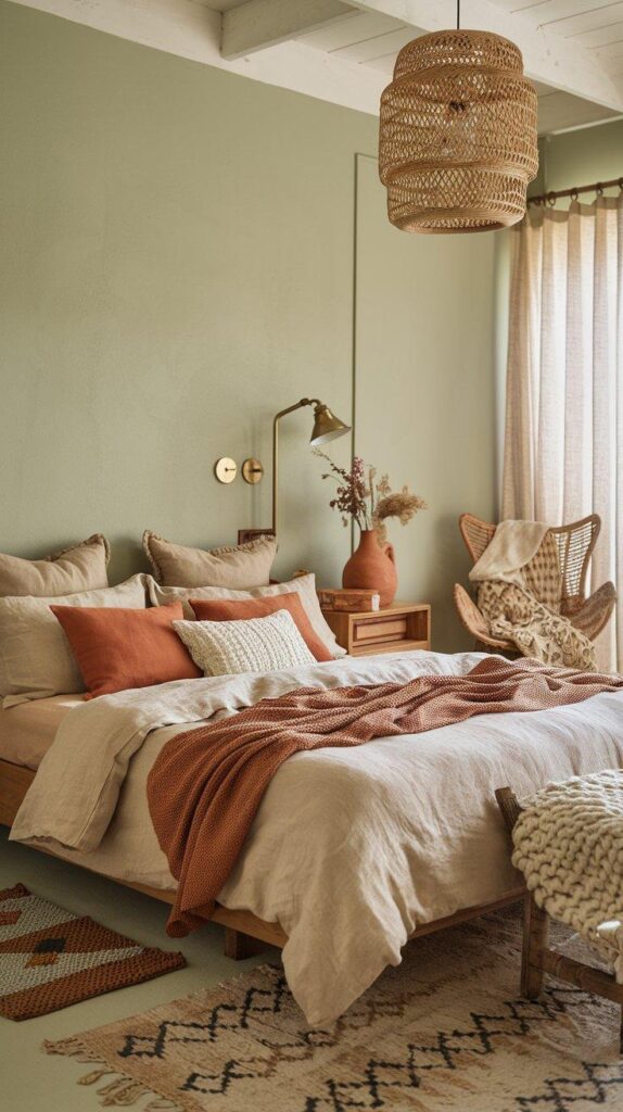 A soothing boho-chic bedroom with sage green walls, neutral linen bedding, gold accents, and vintage-inspired decor for a peaceful, nature-inspired retreat.