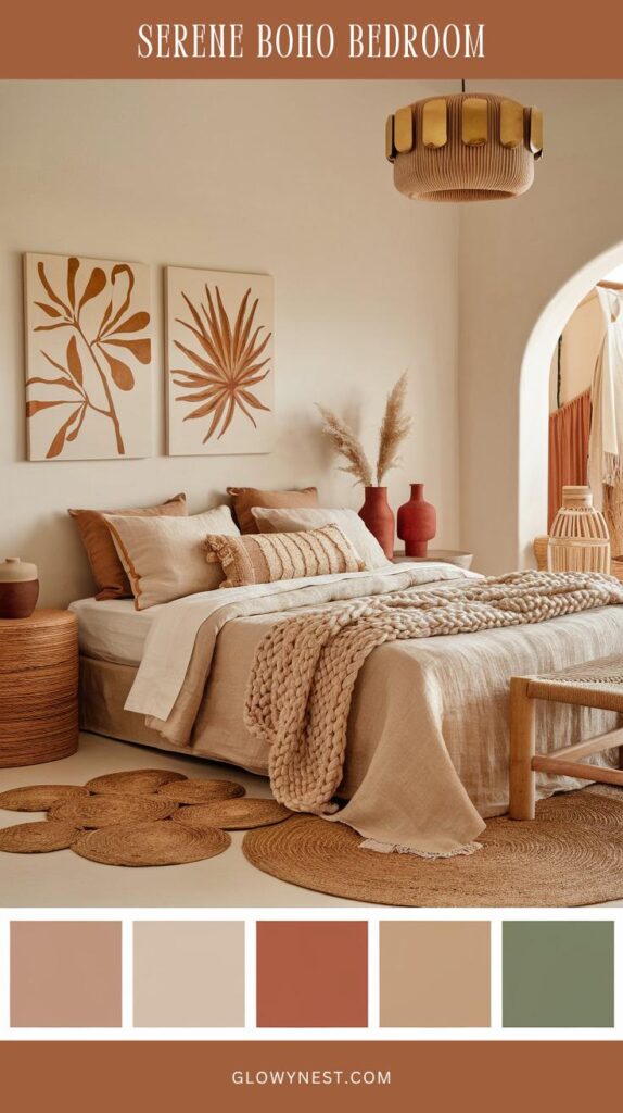 A warm and inviting boho bedroom featuring sandy beige walls, linen bedding, macramé decor, and natural wood furniture for a relaxed, organic feel.