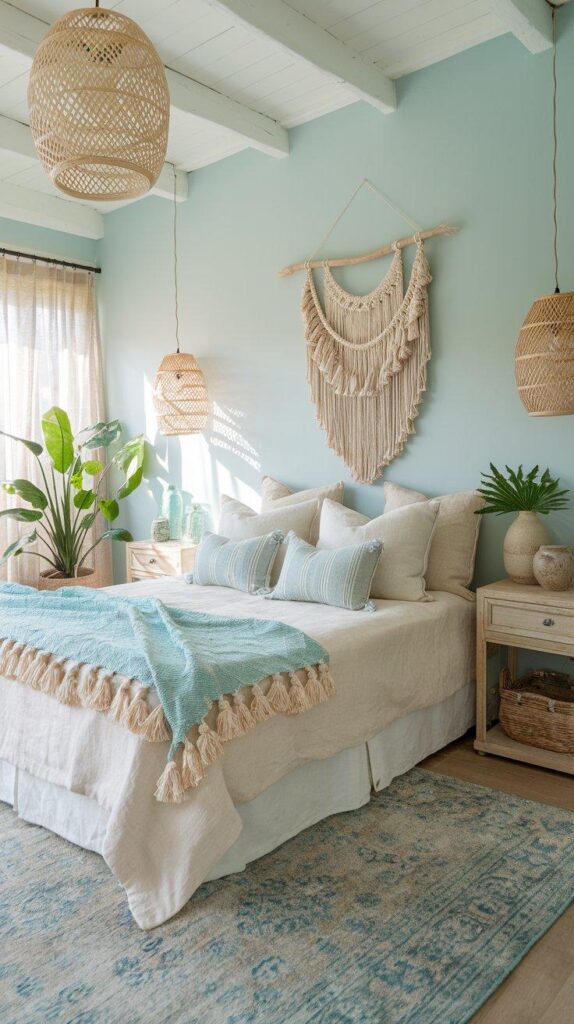 A light and airy boho bedroom with sky blue walls, linen bedding, wooden furniture, and macramé details for a peaceful, organic retreat.