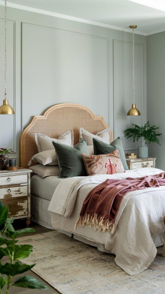 A stylish boho bedroom with soft gray walls, rattan accents, brass lighting, and layered textiles, creating a boho chic bedroom color palette that is modern yet cozy.
