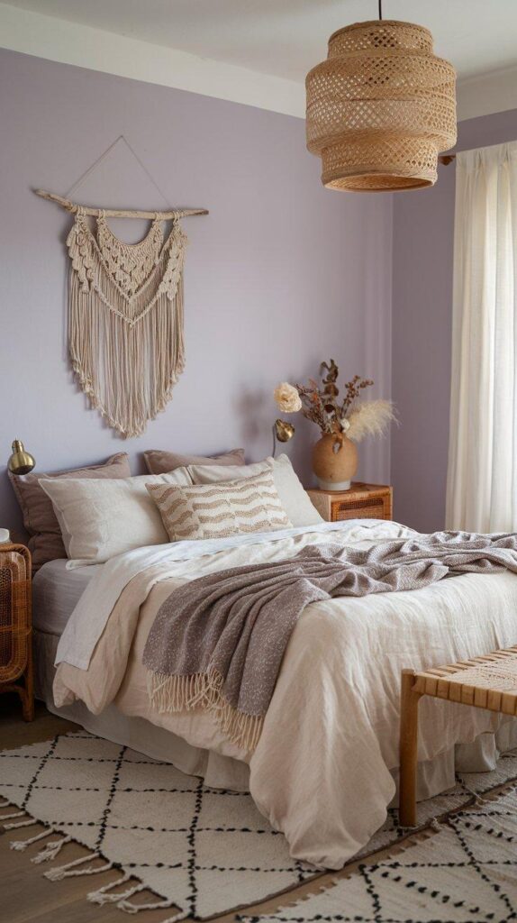 A serene boho bedroom with soft lavender walls, linen bedding, vintage brass accents, and woven textures for a dreamy, calming retreat.