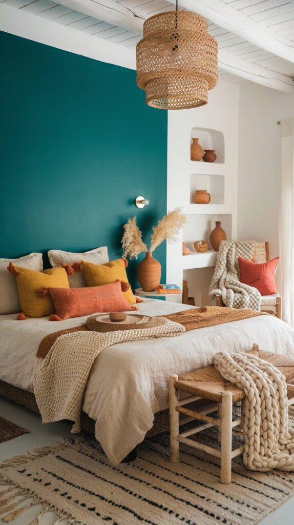 A refreshing boho bedroom with a teal accent wall, Moroccan-style textiles, linen bedding, and natural wood decor for a free-spirited, eclectic vibe.