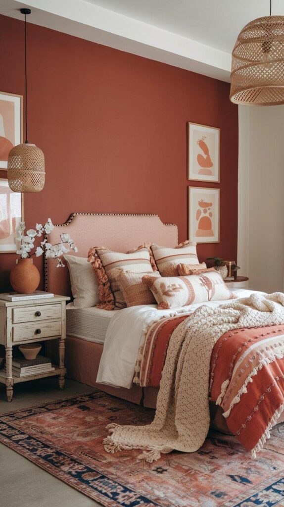 A cozy boho bedroom with a terracotta accent wall, layered textiles, and natural textures—perfect for a Boho Chic Bedroom Color Palette with warm, earthy tones.