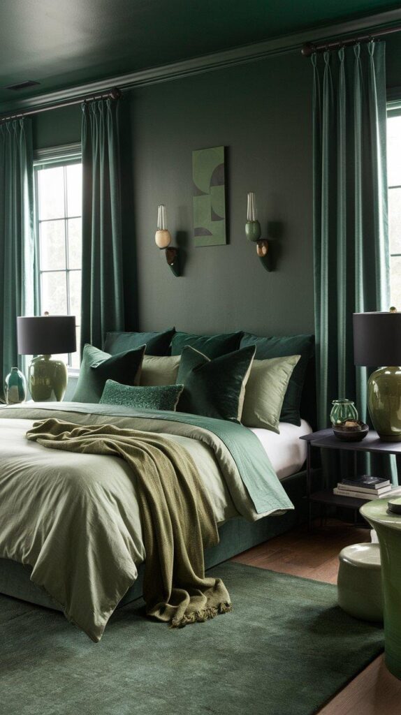 Tonal green bedroom with sage bedding, emerald and olive pillows, and varied green accents for a rich, layered, and calming look.
