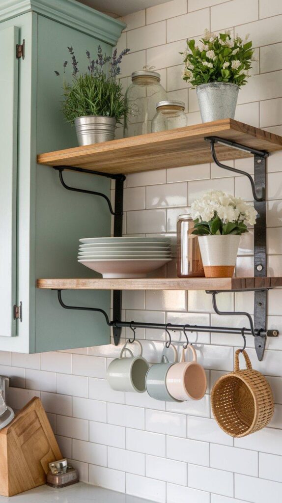 A kitchen shelf with under-shelf hooks holding ceramic mugs, a woven basket, and kitchen essentials for stylish and functional storage.