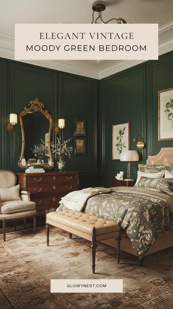 Vintage green bedroom with emerald walls, antique furniture, brass accents, and classic botanical prints for a timeless and elegant look.