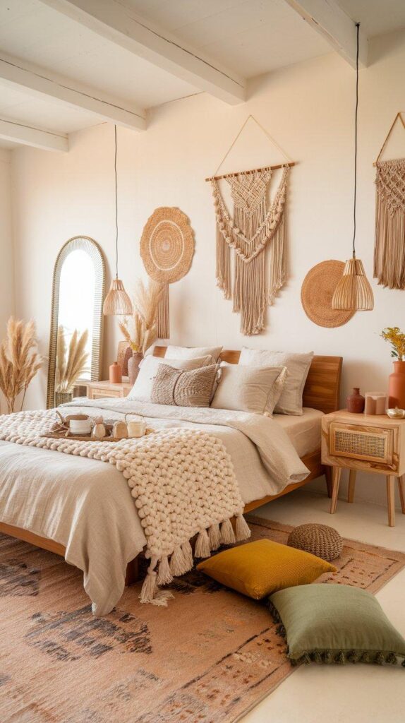 A cozy boho bedroom with warm white walls, linen bedding, rattan décor, macramé details, and earthy accent colors, creating a perfect boho chic bedroom color palette.