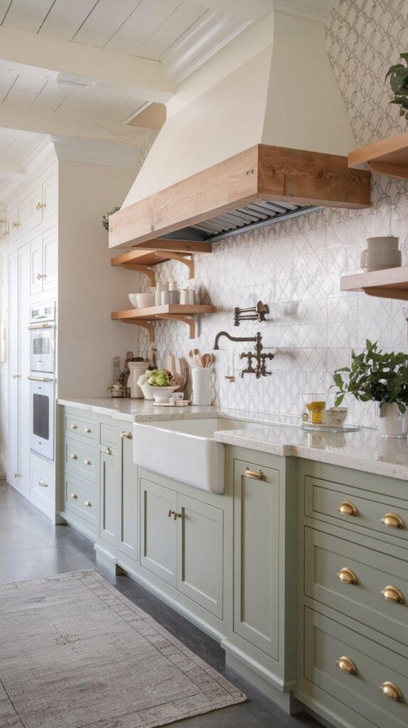 Modern farmhouse kitchen with white apron sink, sage green cabinets, black faucet, and patterned tile backsplash for a refined rustic look.