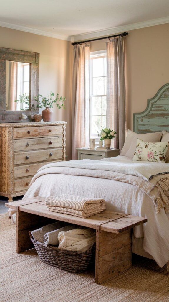Vintage farmhouse bedroom with rustic wood furniture, mismatched nightstands, reclaimed headboard, and soft feminine accents.